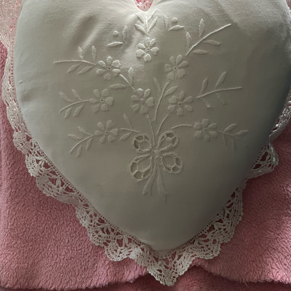 Modern Heirloom Celeste Heart-Shaped Embroidered Pillow with Lace